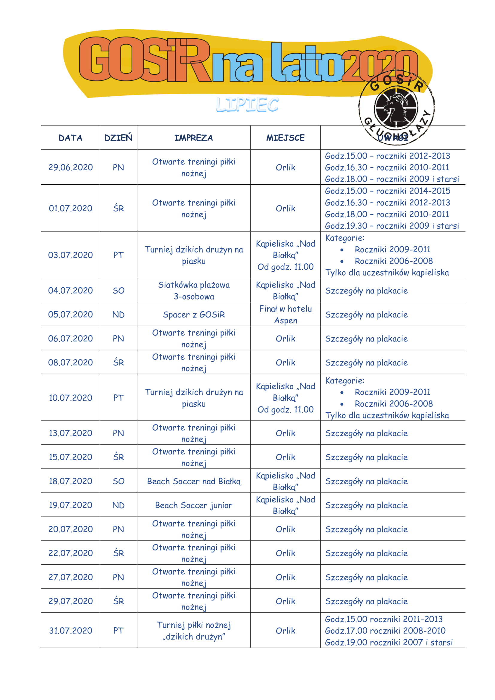 Harmonogram imprez w ramach oferty GOSiR na lato 2020