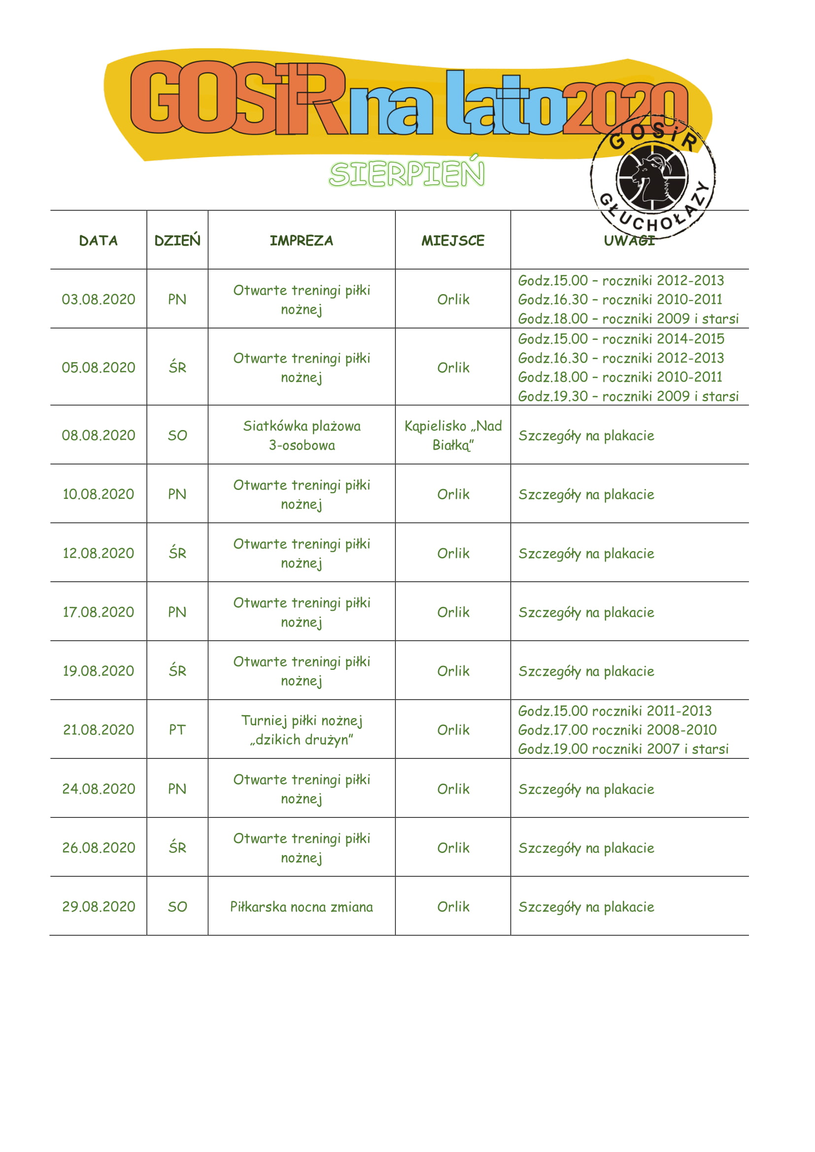 Harmonogram imprez w ramach programu GOSiR na lato 2020 część druga